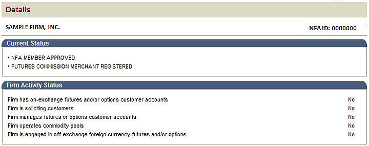 BASIC screen detailing whether firms are actively engaged in futures-related business activity or not