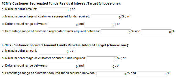 Screenshot showing two options for FCMs to report residual interest targets for customer segregated and customer secured amount funds