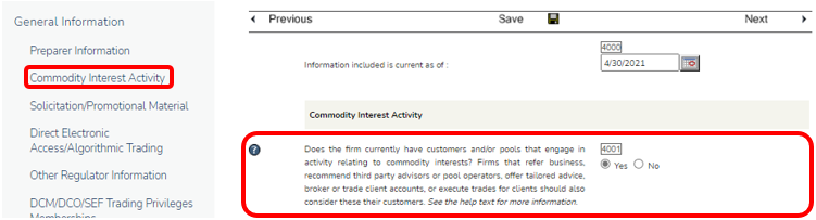 Commodity Interest Activity Screen